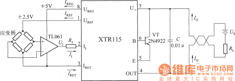 由精密电流变送器XTR115构成应变桥电流变送器电路图