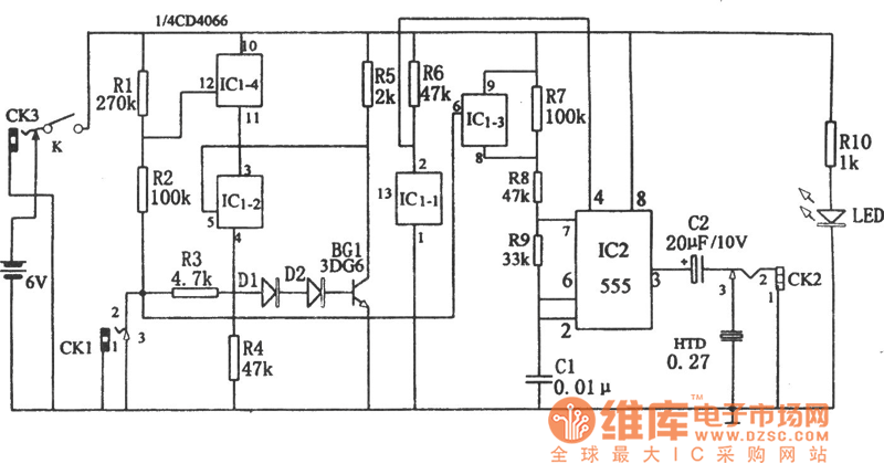五用途三态声频逻辑笔(CD4066、555)电路图