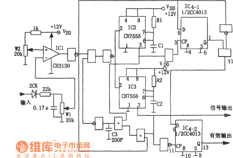 信号幅度在给定时限内的检测电路(CH7555、CC4013)电路图