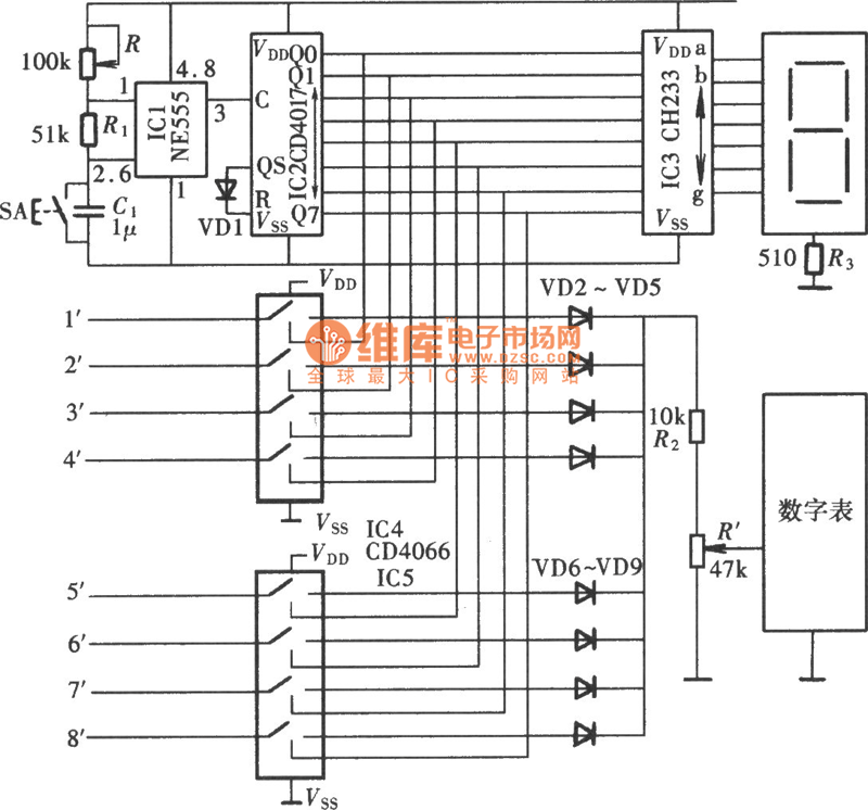 多路电压巡回检测电路(NE555、CD4066)电路图