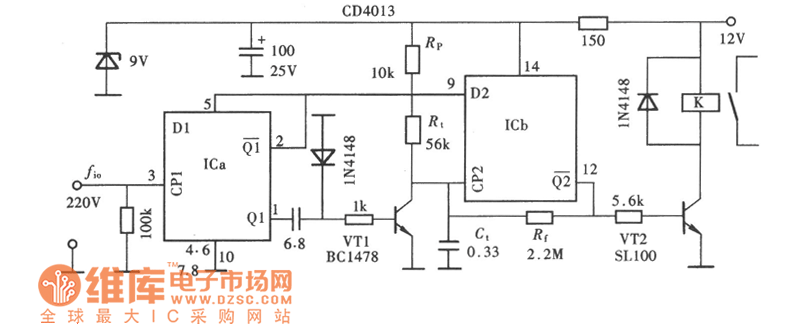 用CD4013组成的电源频率检测器电路图