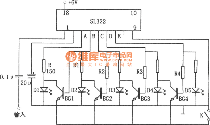 SL322构成的可伸缩、光点显示的电平指示器电路图