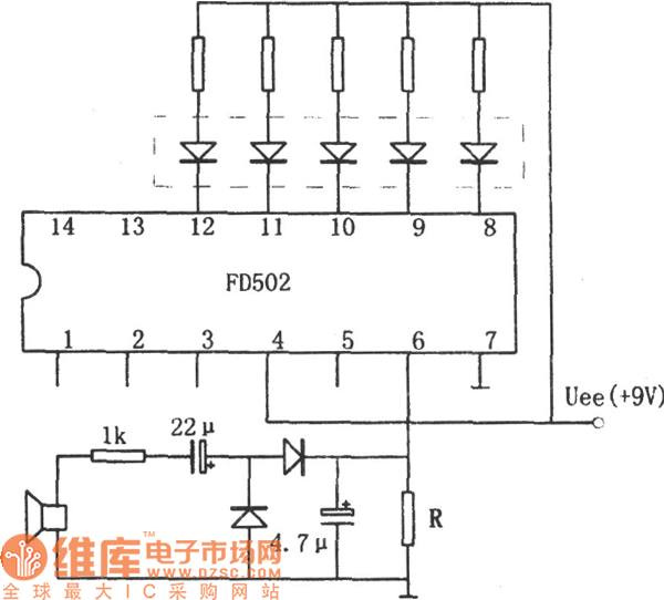 用五位LED显示器做音响功率指示电路(FD502)电路图