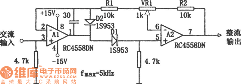 调节简单的高输入阻抗双波线性检波电路(RC4558DN)电路图