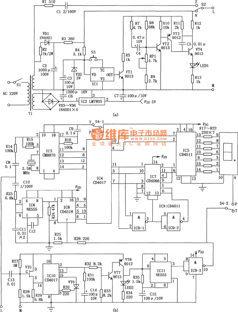 实用电话检测仪(555、CD4017、CD4518)电路图