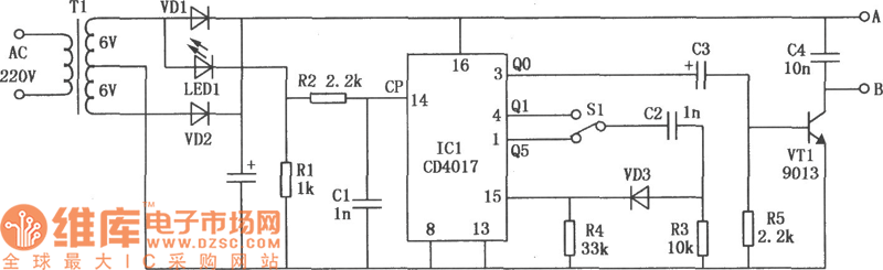CD4017构成的变频式电磁打点计时器电路图