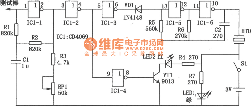 感应式测电笔(CD4069)电路图