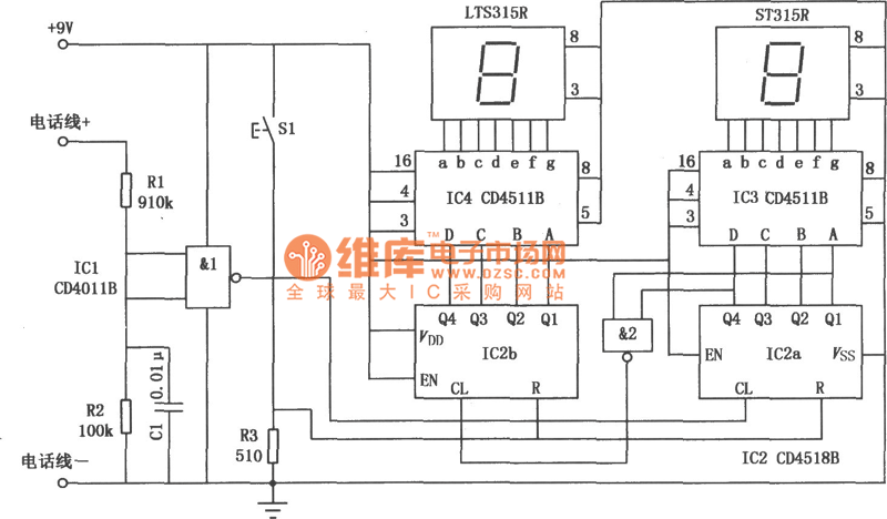 电话记录器(CD4511B、CD4518B)电路图