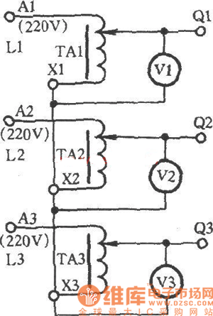 三只调压器星形接线获得0～433V电压电路图