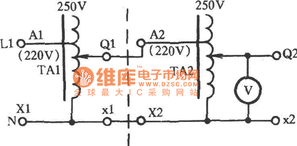 两只调压器串联获得0～284V电压电路图