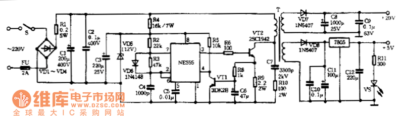 用NE555设计的直流低压开关电源电路图