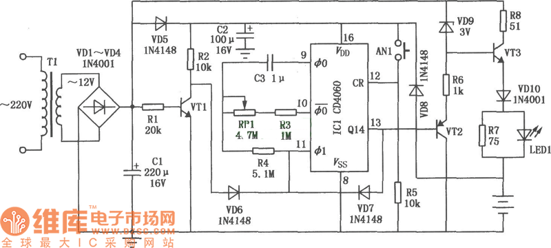 具有定时功能的镉镍电池充电器(CD4060)电路图