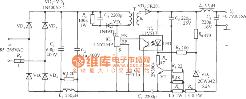 手机电池恒流充电器(TNY254P +6.7V、0.56A)电路图