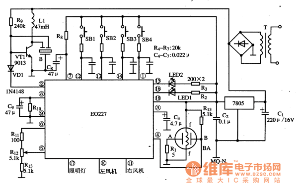 由E0227集成电路构成的抽油烟机控制系统典型应用电路