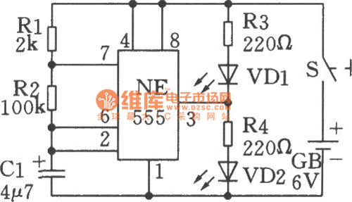 利用555时基电路制成的低频振荡(闪烁发光电路)电路二电路图