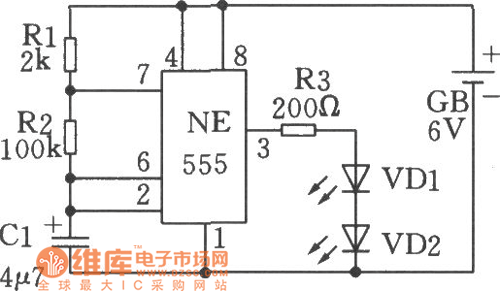 利用555时基电路制成的低频振荡(闪烁发光电路)电路一电路图