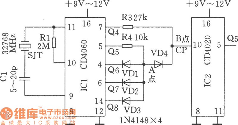 用32768Hz晶体SJT组成的时基电路产生60Hz信号电路图