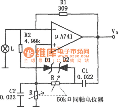 μA741构成的频率可调的音频振荡器电路图
