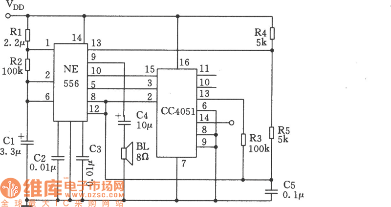 由NE555、CC4051组成的多功能音响发生器电路图