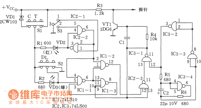 脉冲信号发生器(74LS10、74LS00)电路图
