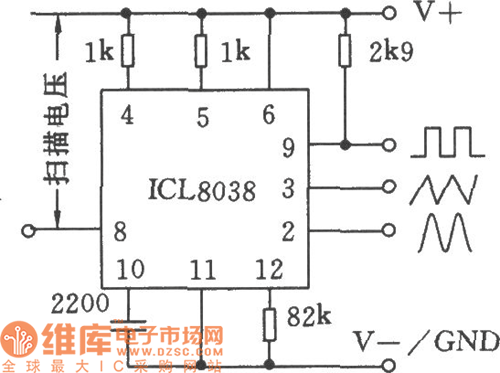 单片精密函数发生器ICL8038应用电路二电路图