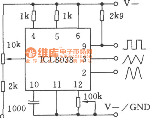 单片精密函数发生器ICL8038应用电路三电路图