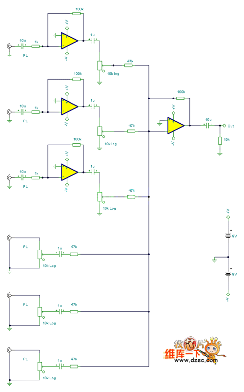 混合器6通道输入原理电路图