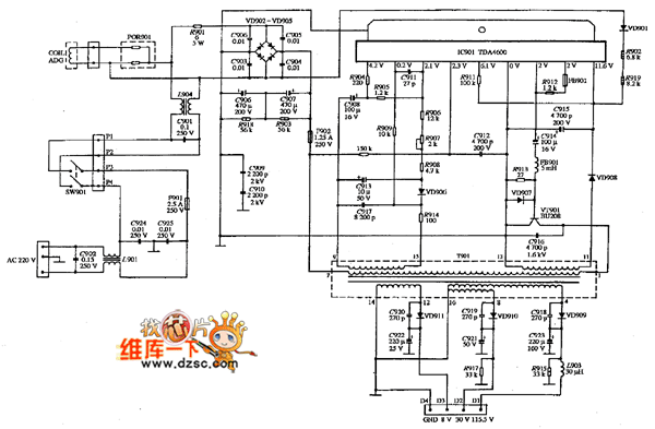 彩色显示器SAMPO KDS-1342E型的电源电路图