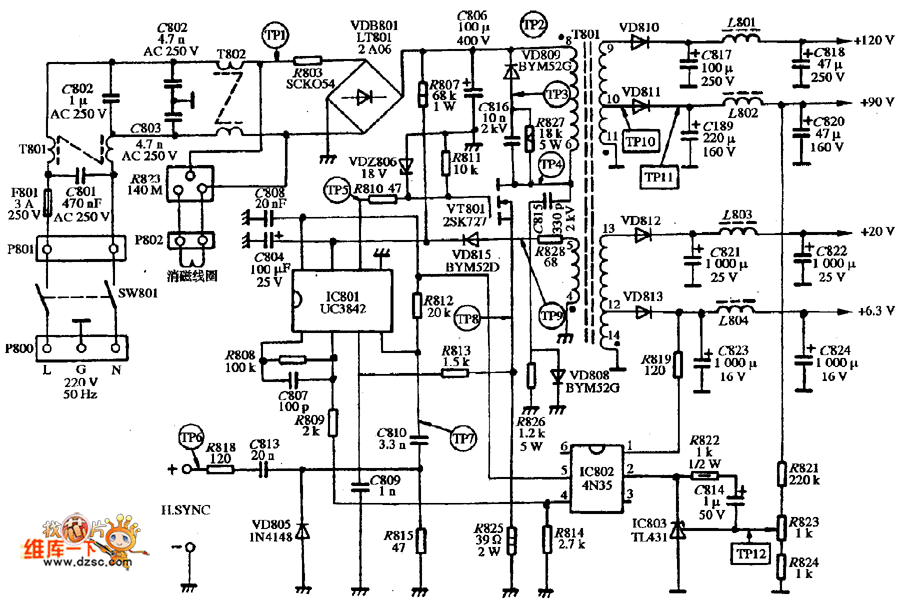 SVGA彩色显示器DELL VI-1428型的电源电路图