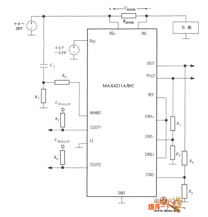 直流功率及电流测量系统MAX4211的典型应用电路图