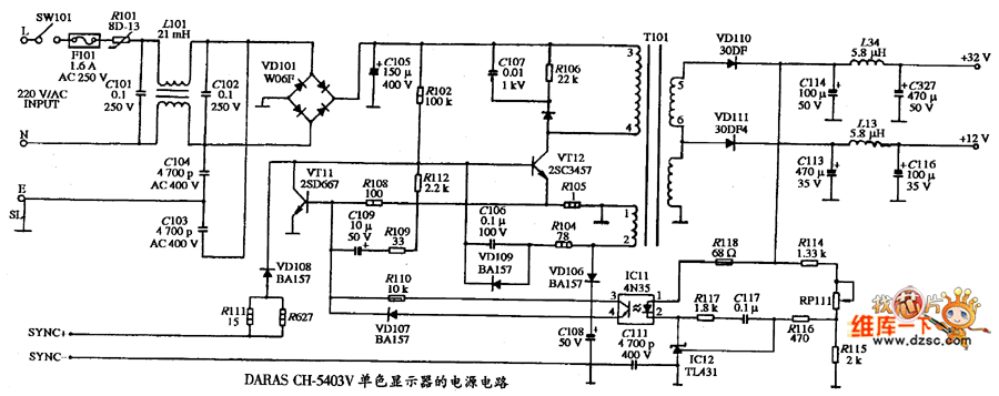 单色显示器DARAS CH-5403V型的电源电路图