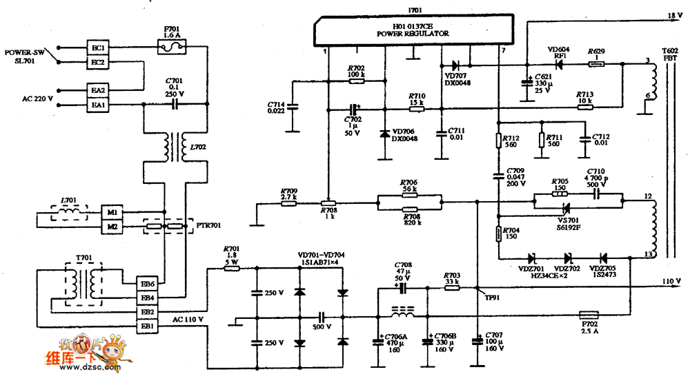 SHARP K-160170型显示器的电源电路图