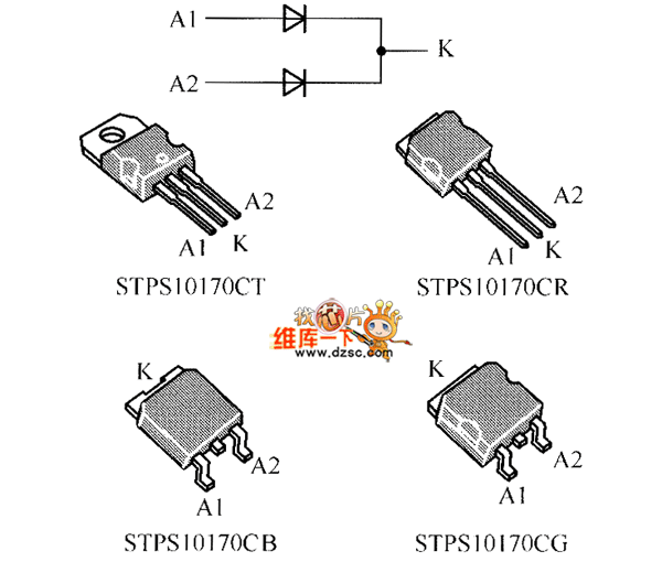 晶体二极管STPS10170CT、STPS10170CR、STPS10170CB、STPS10170CG内部电路图