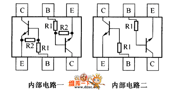晶体三极管DDC123JH、DDC123JH-7、DDC124EH-7、DDC143EH-7内部电路图