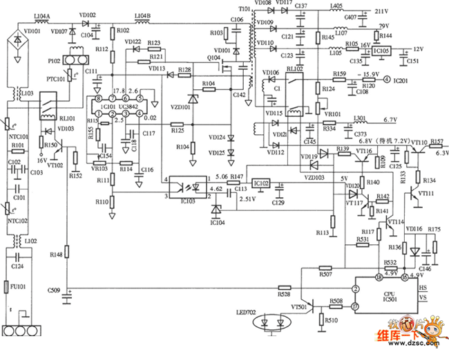 美格珑796FDⅡ型彩显开关电源(UC3842) 电路图