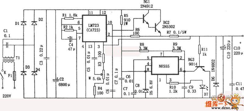 高集成电路μA723组成的1.25～27V的可调电源电路图