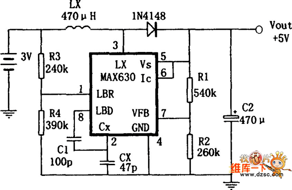 MAX630构成的具有频率自动偏移特点的升压变换电源电路图