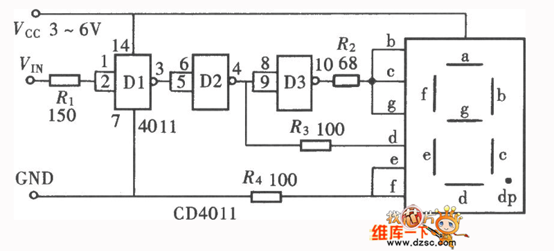 用门电路组成的文字显示型逻辑笔电路图之二(CD4011)