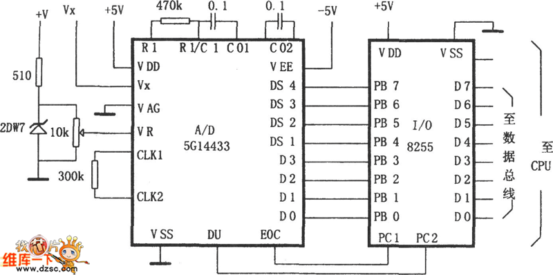 A/D转换器5G14433与微处理机的通用接口电路图
