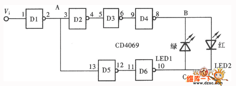 用门电路组成的发光型逻辑笔电路图(CD4069)