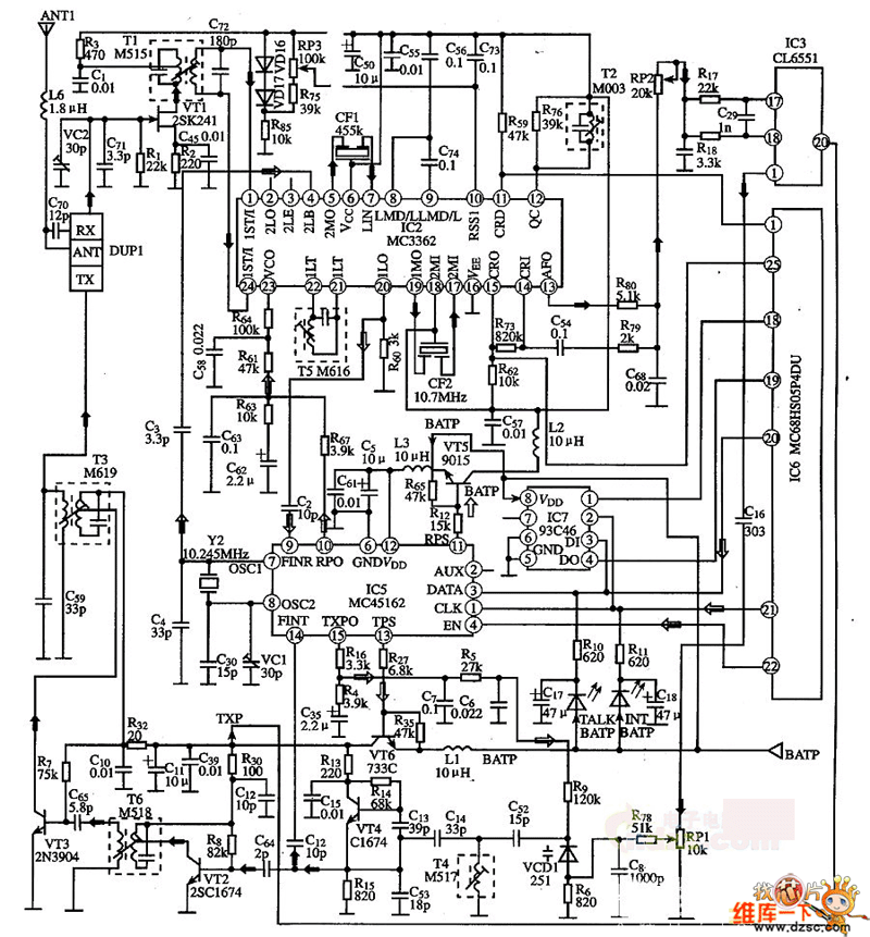 MC3362小功率窄带调频接收集成电路的典型应用电路图