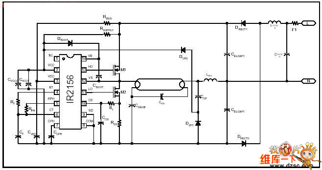 IR2156萤光灯集成电路电子镇流器电路图