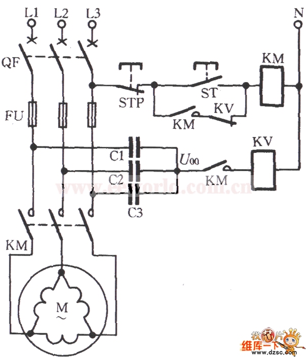 接法电动机断相用电压继电器保护电路图