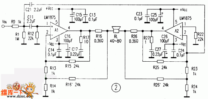 lm1875应用实验和电流反馈btl电路设计电路图(b)