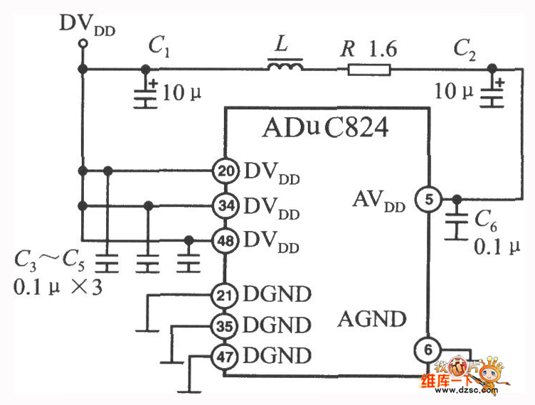 高单片数据采集系统ADuC824单电源供电电路图