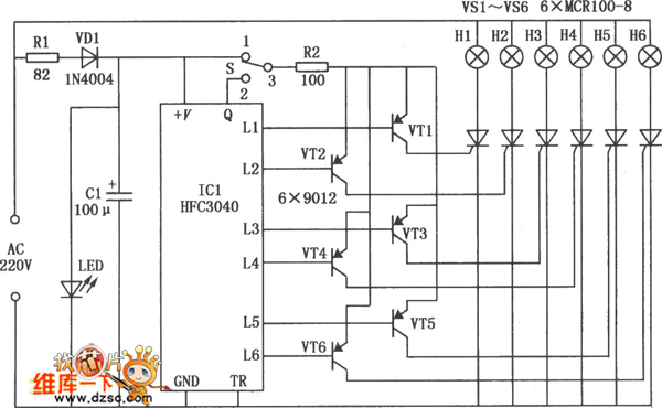 HFC3040构成的六路循环彩灯控制电路图