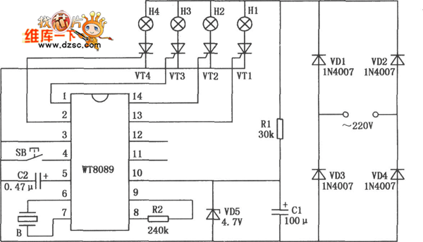 花样彩灯控制电路图(WT8089)