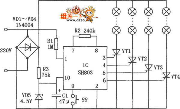 SH803构成的彩灯控制电路图