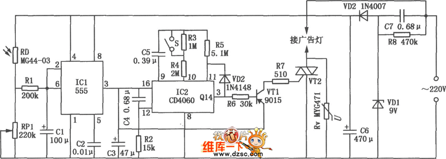 广告灯自动控制电路图(555、CD4060)