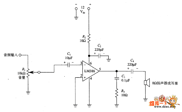 使用LM-386的音频功率放大级电路图